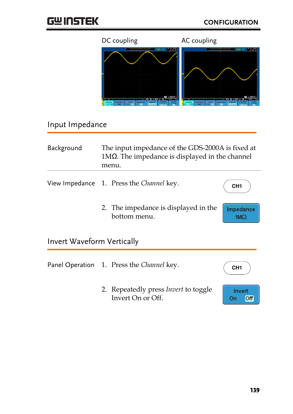 Input impedance, Invert waveform vertically | GW Instek GDS-2000A series User Manual User Manual | Page 139 / 261