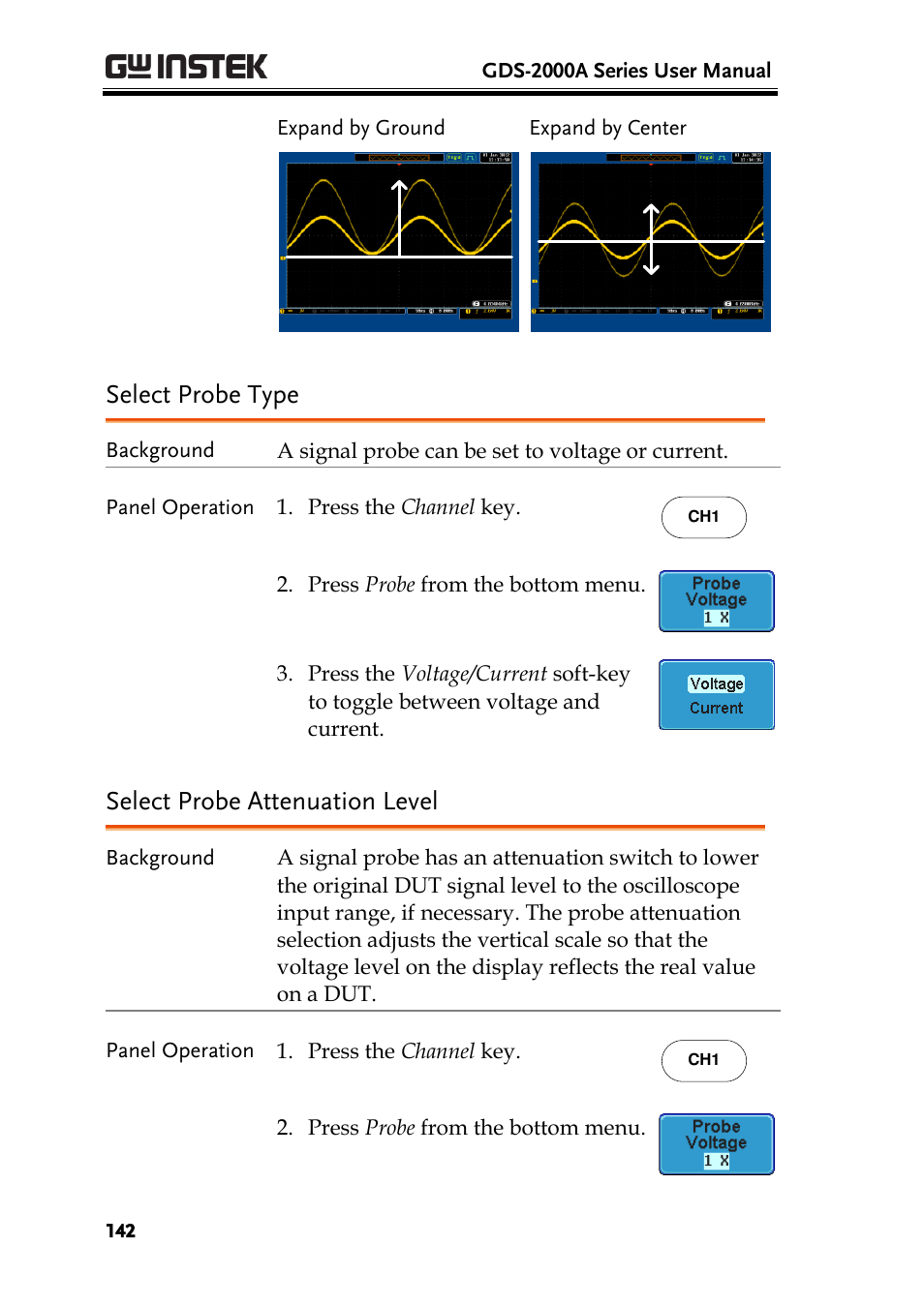Select probe type, Select probe attenuation level | GW Instek GDS-2000A series User Manual User Manual | Page 142 / 261