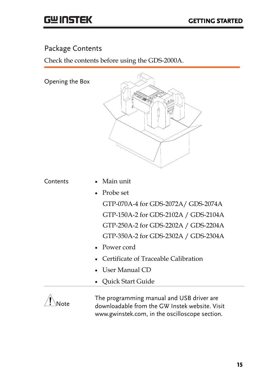 Package contents | GW Instek GDS-2000A series User Manual User Manual | Page 15 / 261