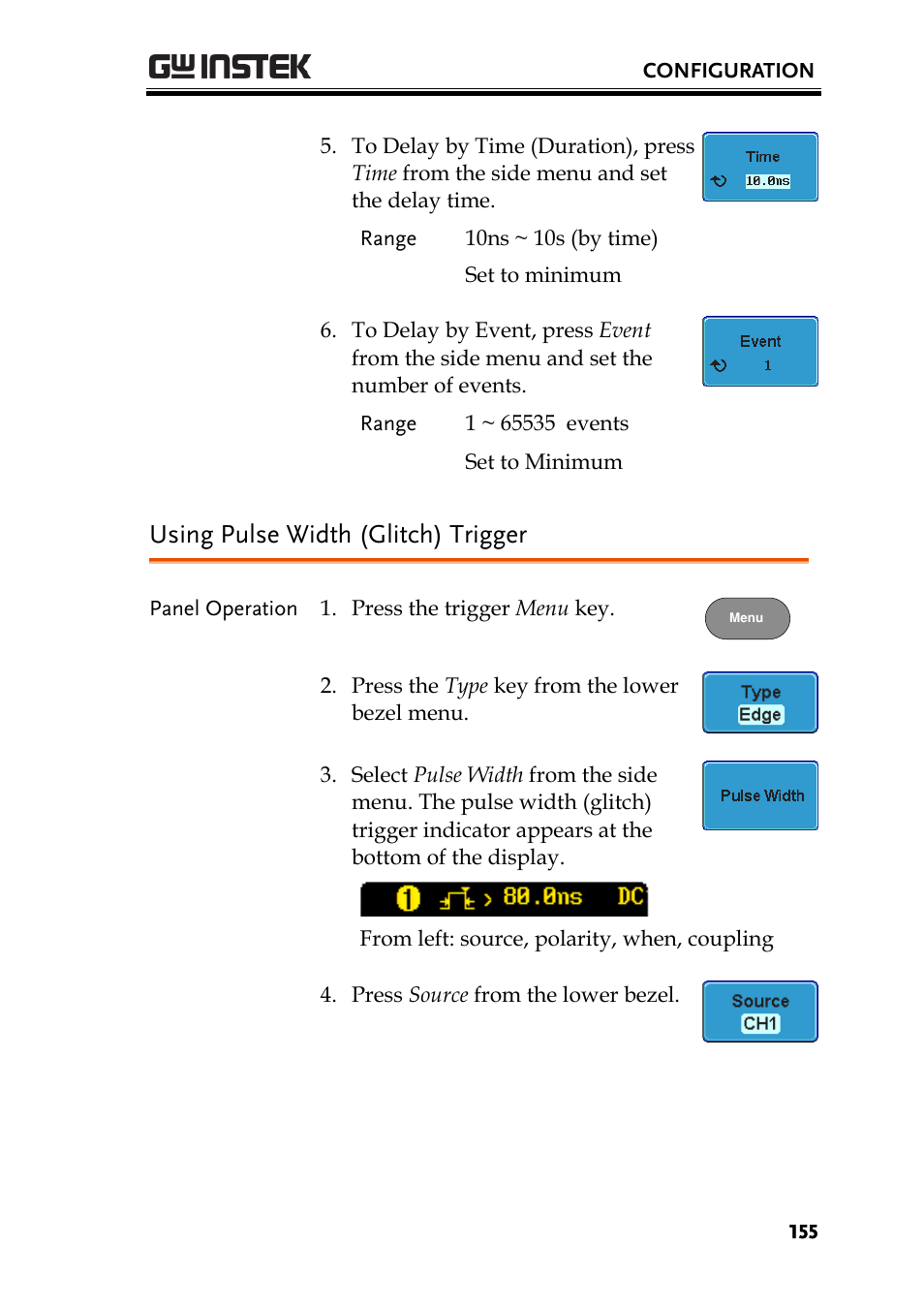 Using pulse width (glitch) trigger | GW Instek GDS-2000A series User Manual User Manual | Page 155 / 261