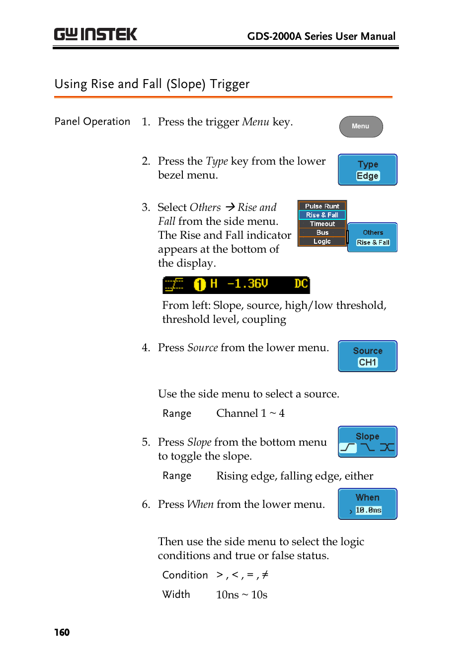 Using rise and fall (slope) trigger | GW Instek GDS-2000A series User Manual User Manual | Page 160 / 261