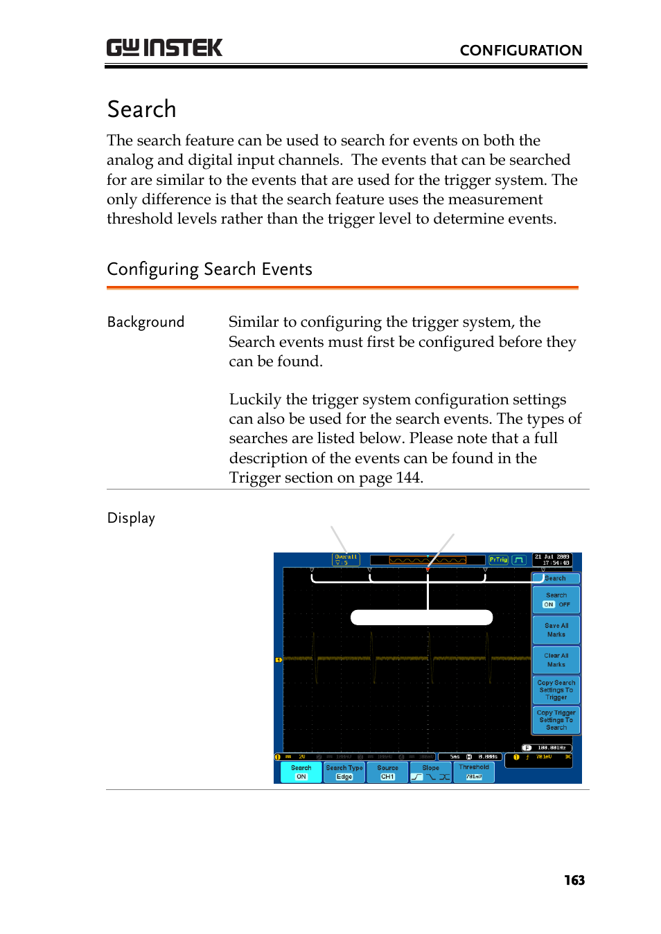 Search, Configuring search events | GW Instek GDS-2000A series User Manual User Manual | Page 163 / 261
