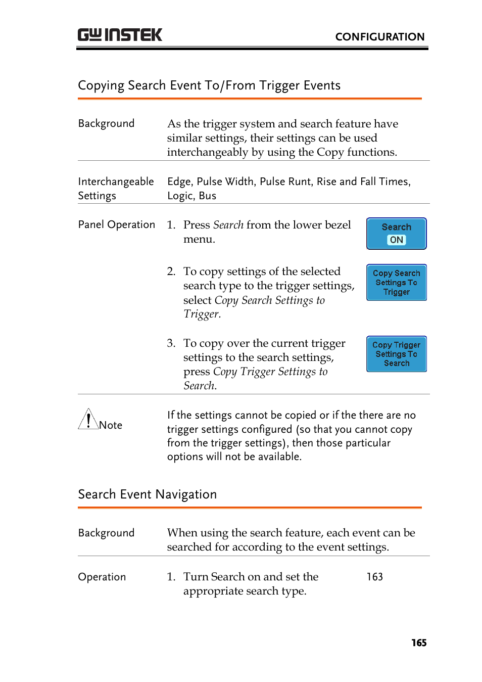 Copying search event to/from trigger events, Search event navigation | GW Instek GDS-2000A series User Manual User Manual | Page 165 / 261