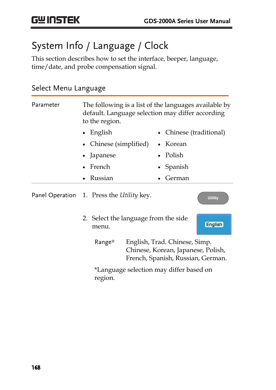 System info / language / clock, Select menu language | GW Instek GDS-2000A series User Manual User Manual | Page 168 / 261