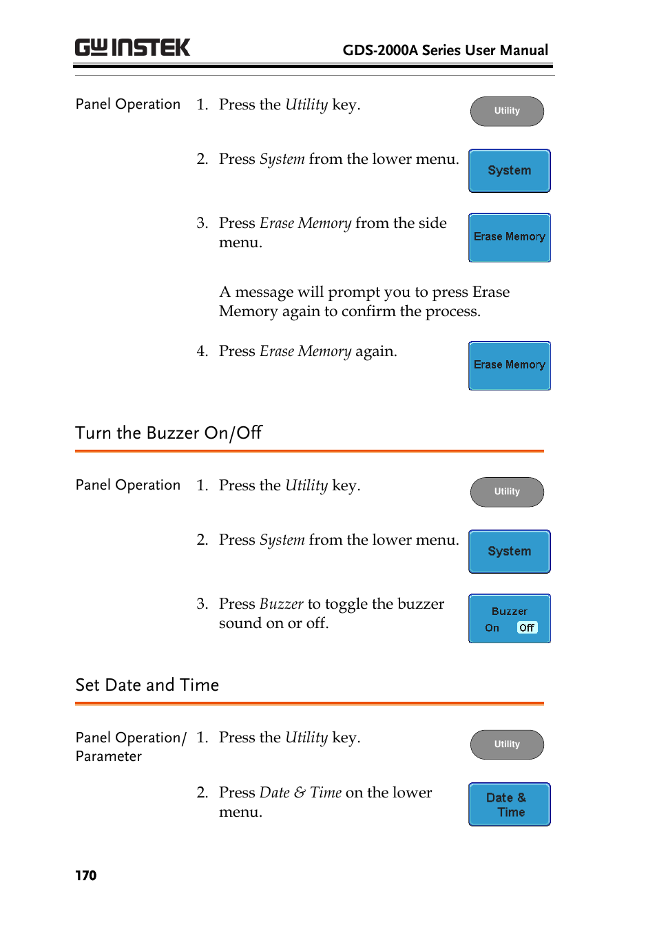 Turn the buzzer on/off, Set date and time | GW Instek GDS-2000A series User Manual User Manual | Page 170 / 261