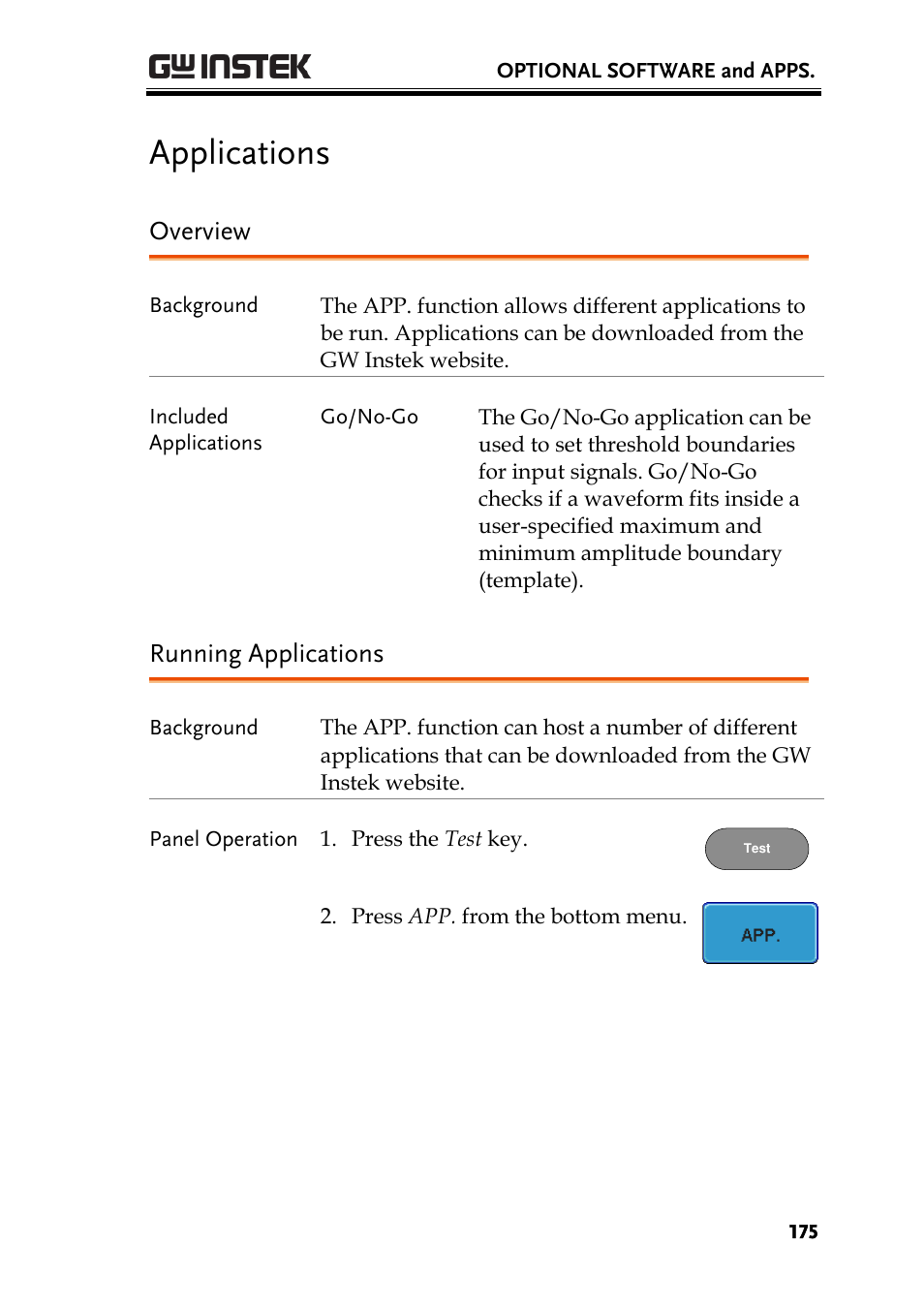 Applications, Overview, Running applications | GW Instek GDS-2000A series User Manual User Manual | Page 175 / 261