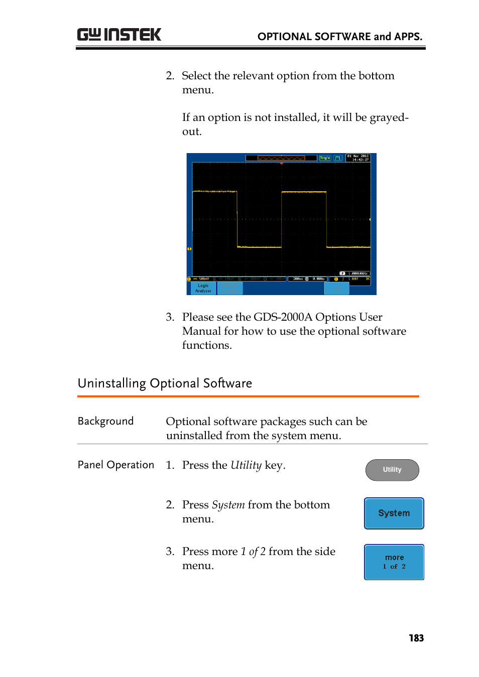 Uninstalling optional software | GW Instek GDS-2000A series User Manual User Manual | Page 183 / 261