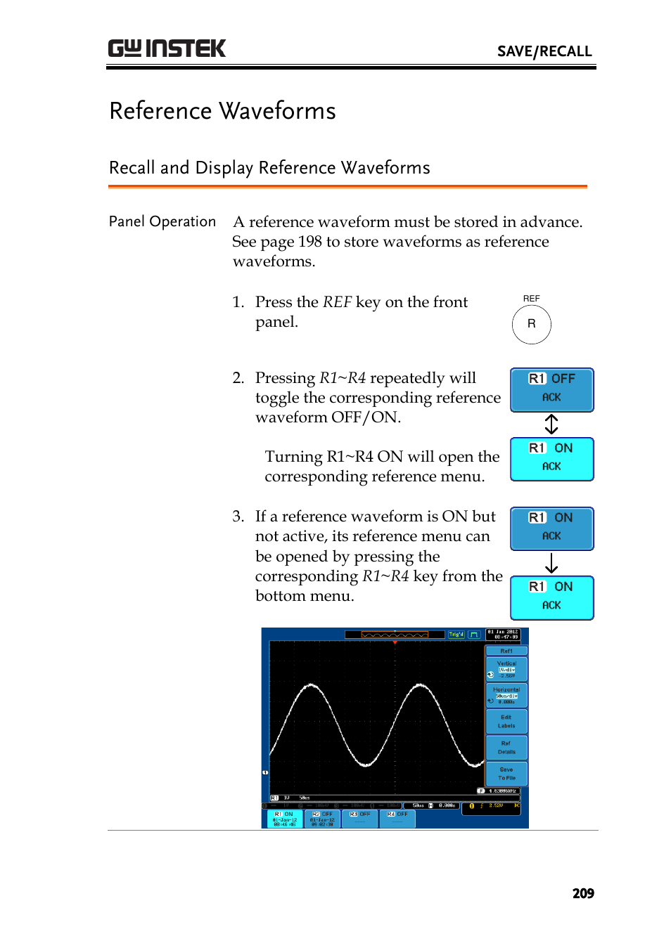 Reference waveforms, Recall and display reference waveforms | GW Instek GDS-2000A series User Manual User Manual | Page 209 / 261