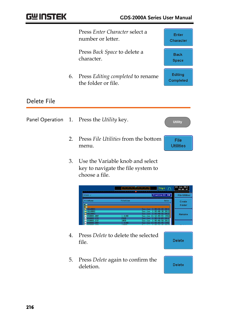 Delete file | GW Instek GDS-2000A series User Manual User Manual | Page 216 / 261