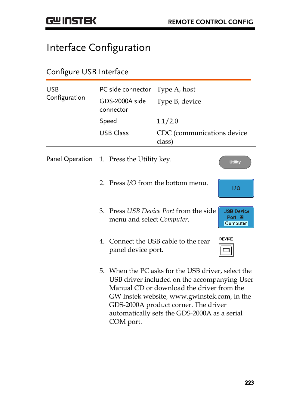 Interface configuration, Configure usb interface | GW Instek GDS-2000A series User Manual User Manual | Page 223 / 261