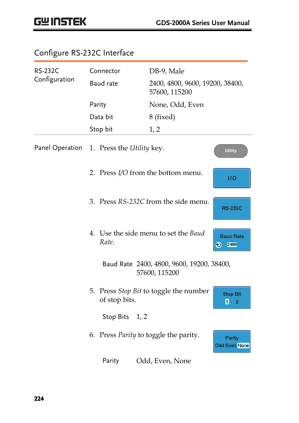 Configure rs-232c interface | GW Instek GDS-2000A series User Manual User Manual | Page 224 / 261