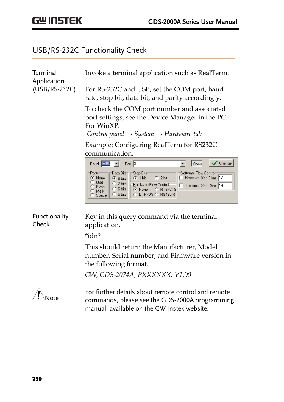 Usb/rs-232c functionality check | GW Instek GDS-2000A series User Manual User Manual | Page 230 / 261