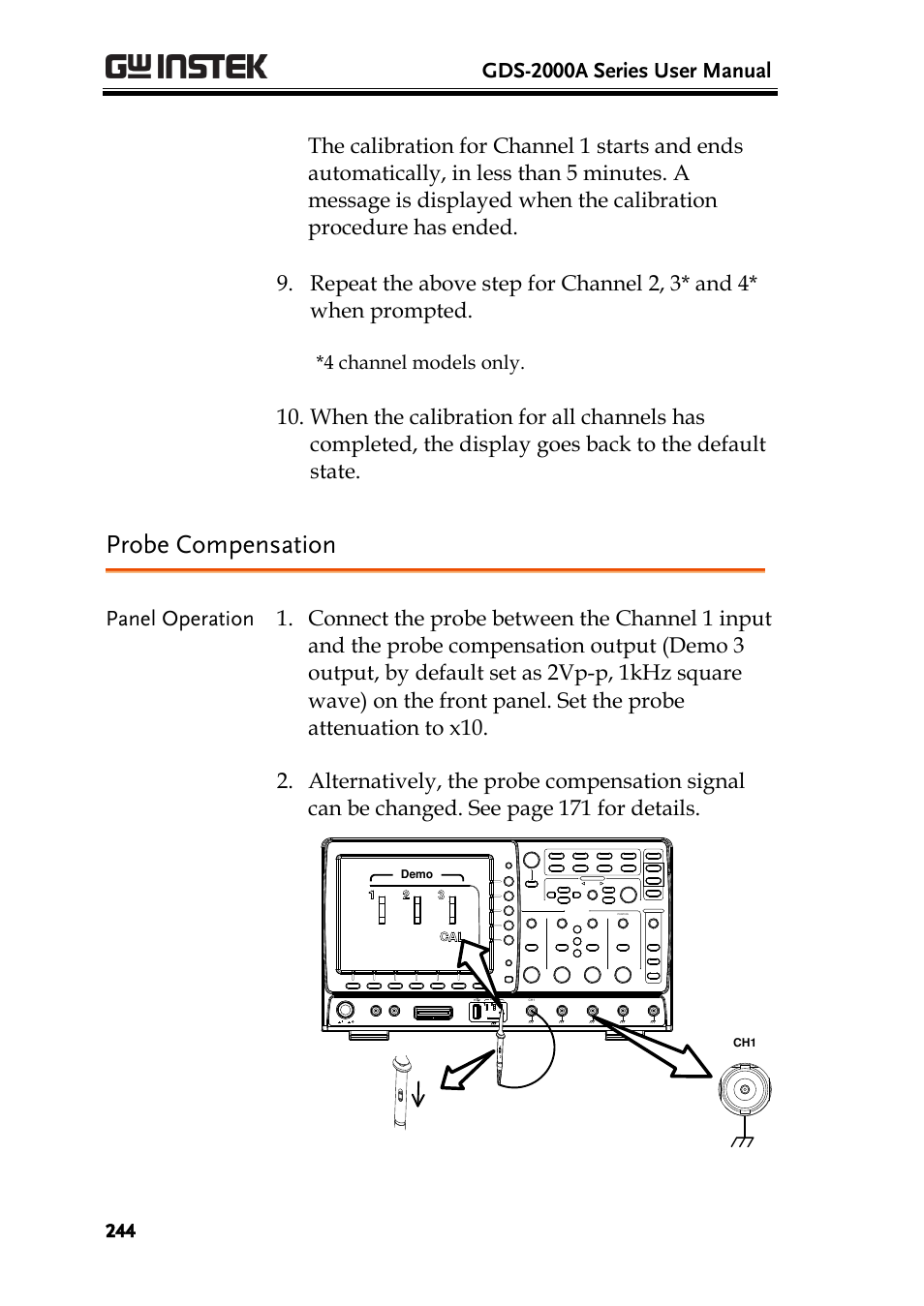 Probe compensation, Gds-2000a series user manual | GW Instek GDS-2000A series User Manual User Manual | Page 244 / 261