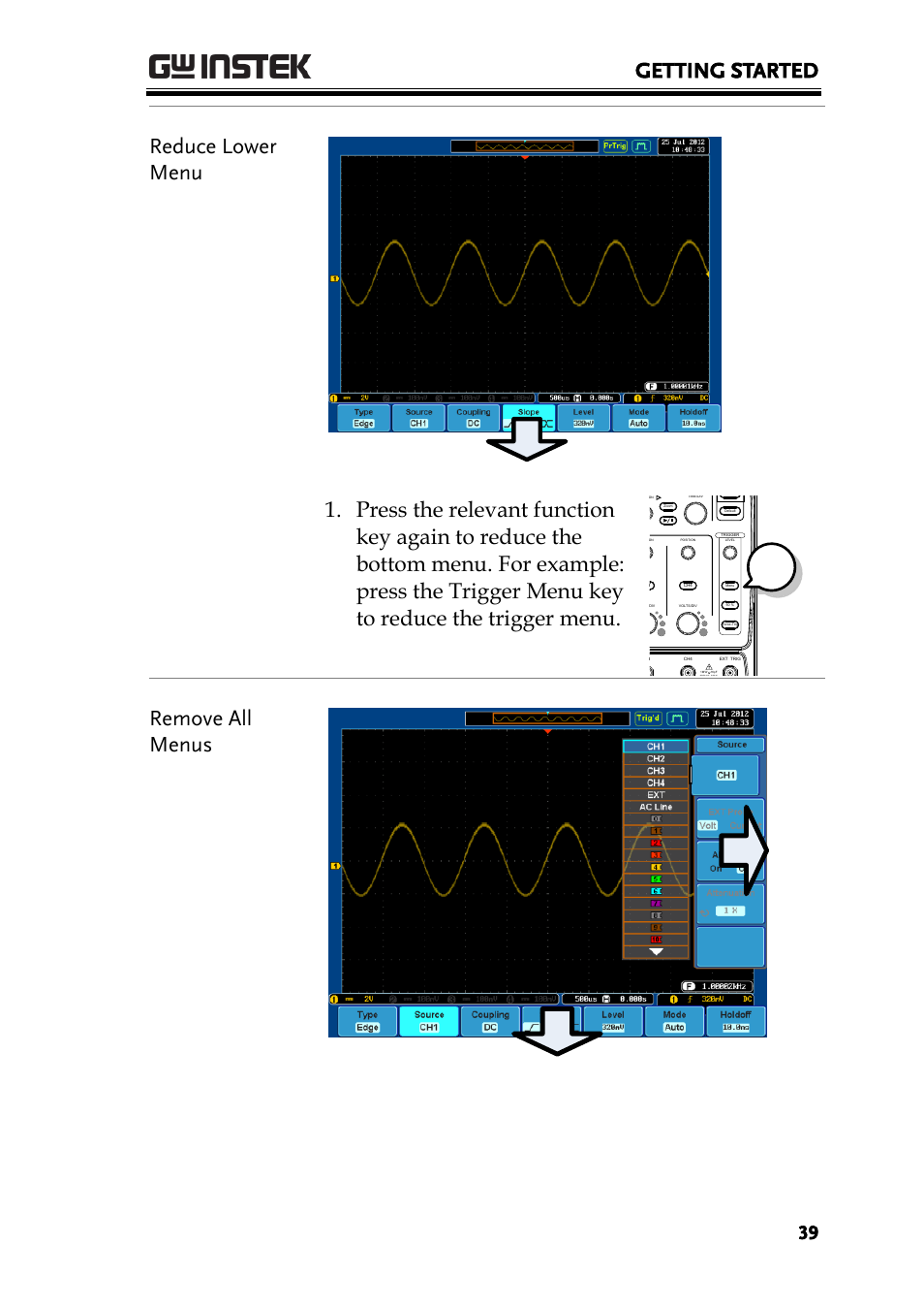 Getting started, Remove all menus | GW Instek GDS-2000A series User Manual User Manual | Page 39 / 261