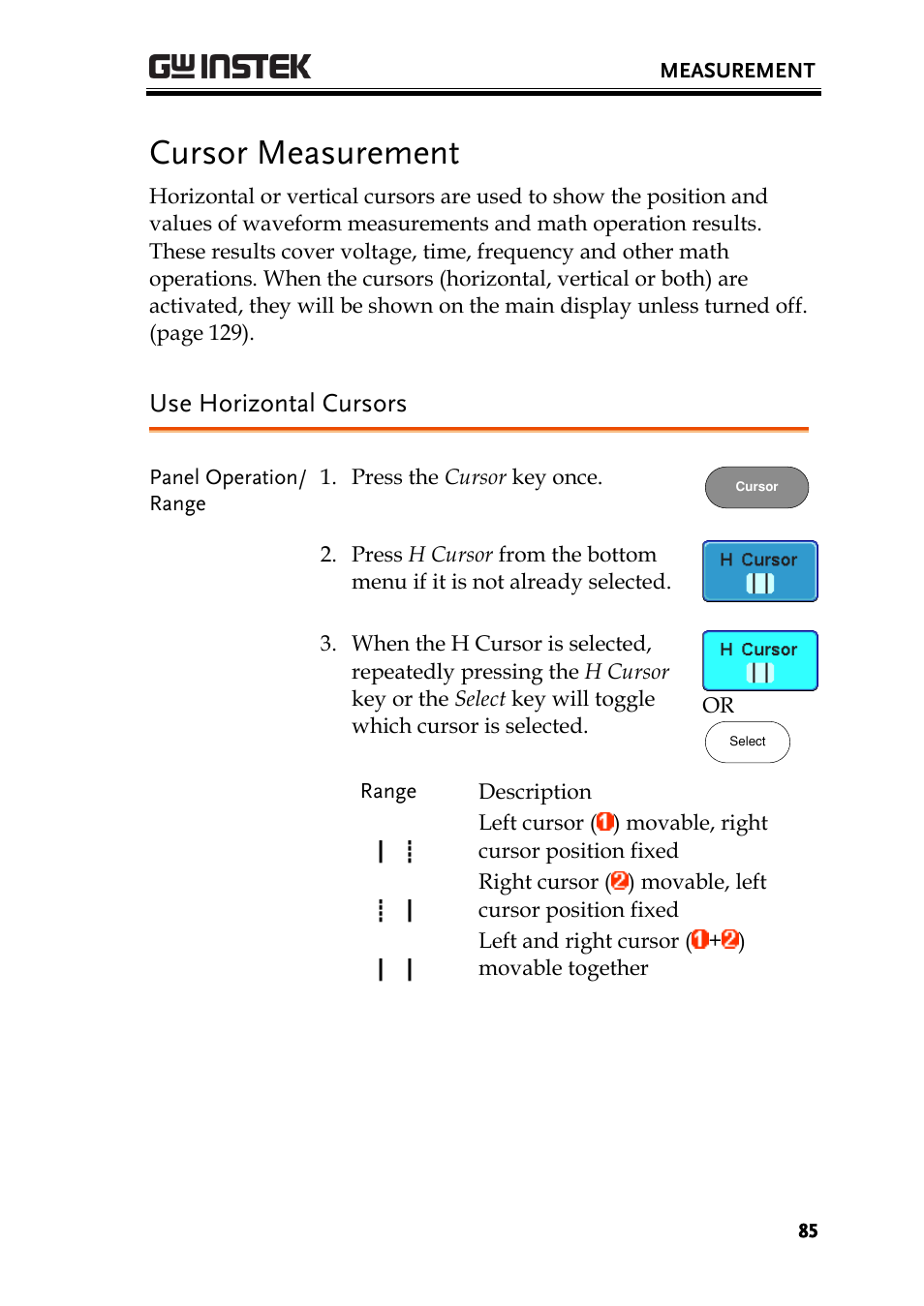 Cursor measurement, Use horizontal cursors | GW Instek GDS-2000A series User Manual User Manual | Page 85 / 261