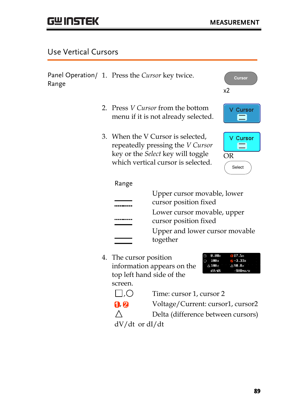 Use vertical cursors | GW Instek GDS-2000A series User Manual User Manual | Page 89 / 261
