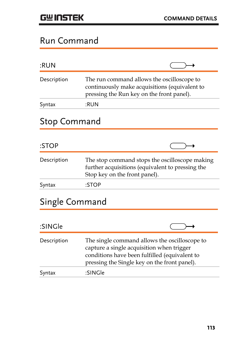 Run command, Stop command, Single command | Stop, Single | GW Instek GDS-2000A series Programming Manual User Manual | Page 113 / 272