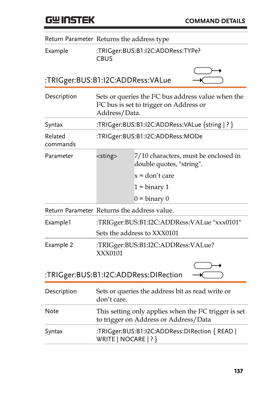 Trigger:bus:b1:i2c:address:value, Trigger:bus:b1:i2c:address:direction | GW Instek GDS-2000A series Programming Manual User Manual | Page 137 / 272