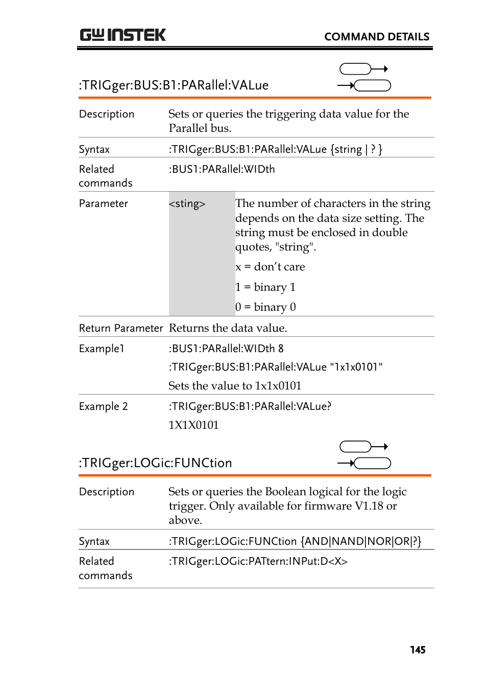 Trigger:bus:b1:parallel:value, Trigger:logic:function | GW Instek GDS-2000A series Programming Manual User Manual | Page 145 / 272