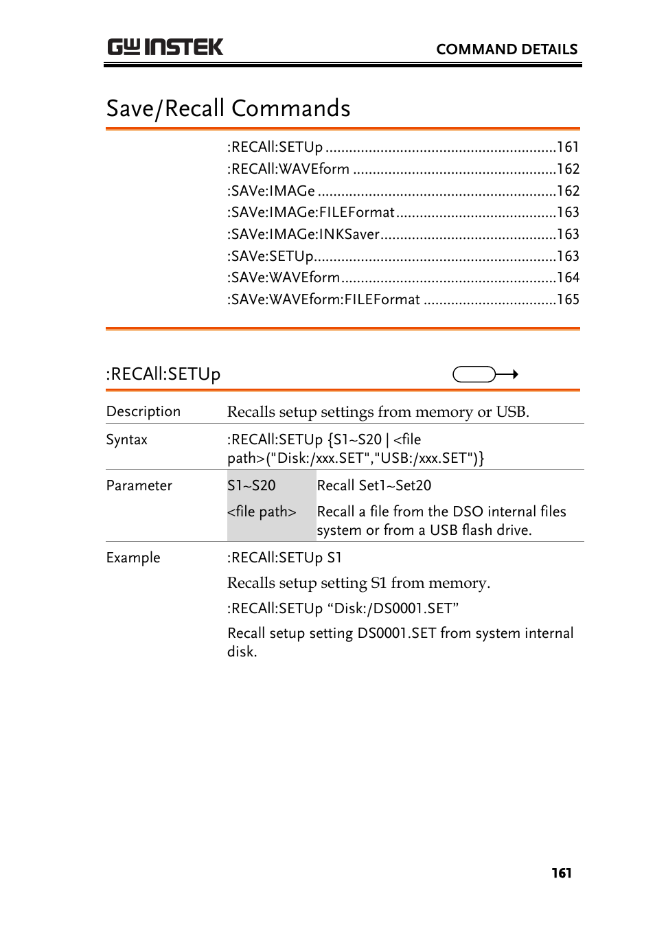 Save/recall commands, Recall:setup | GW Instek GDS-2000A series Programming Manual User Manual | Page 161 / 272