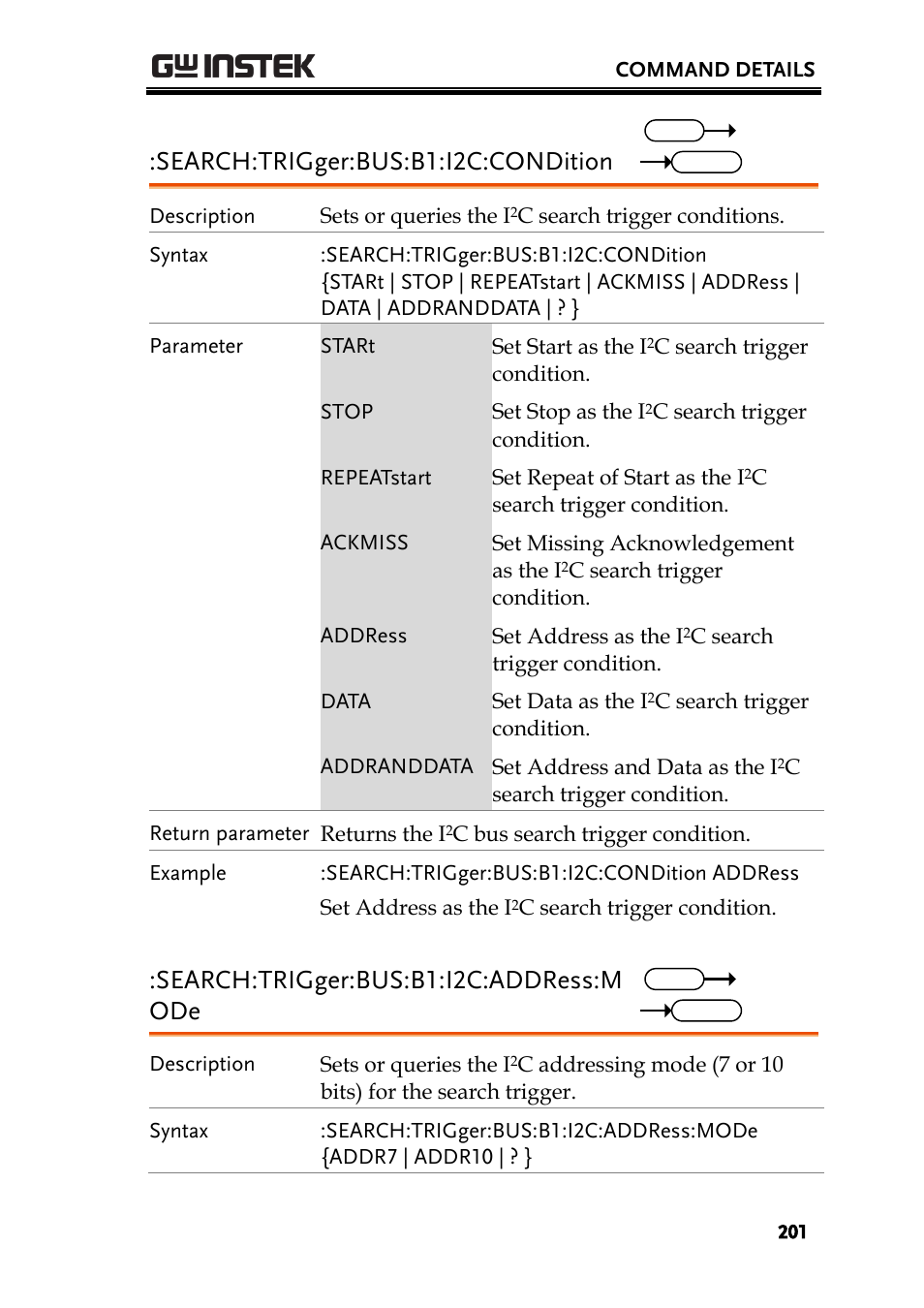Search:trigger:bus:b1:i2c:condition, Search:trigger:bus:b1:i2c:address:m ode | GW Instek GDS-2000A series Programming Manual User Manual | Page 201 / 272