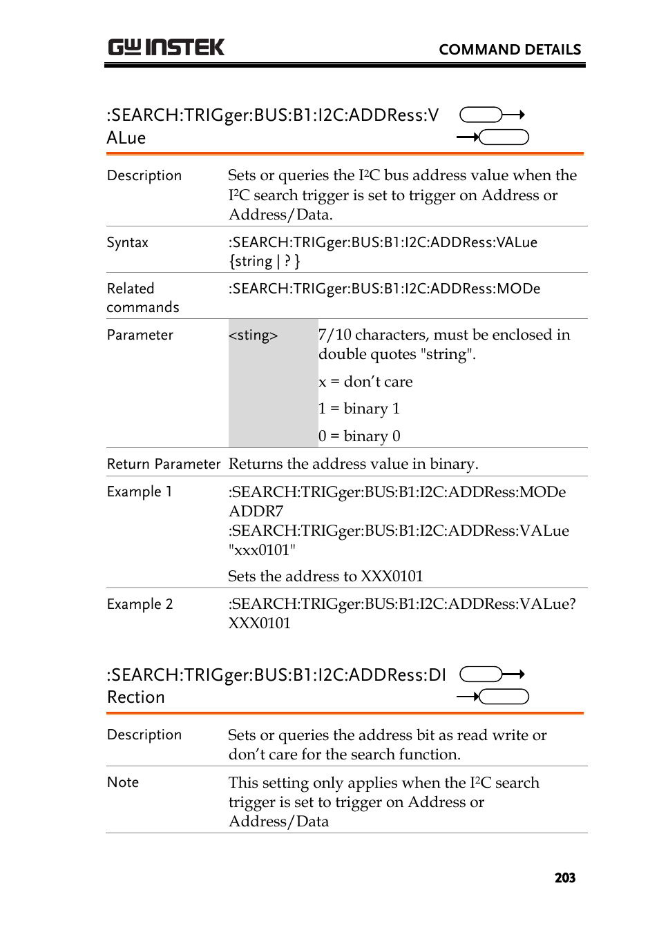 Search:trigger:bus:b1:i2c:address:v alue, Search:trigger:bus:b1:i2c:address:di rection | GW Instek GDS-2000A series Programming Manual User Manual | Page 203 / 272
