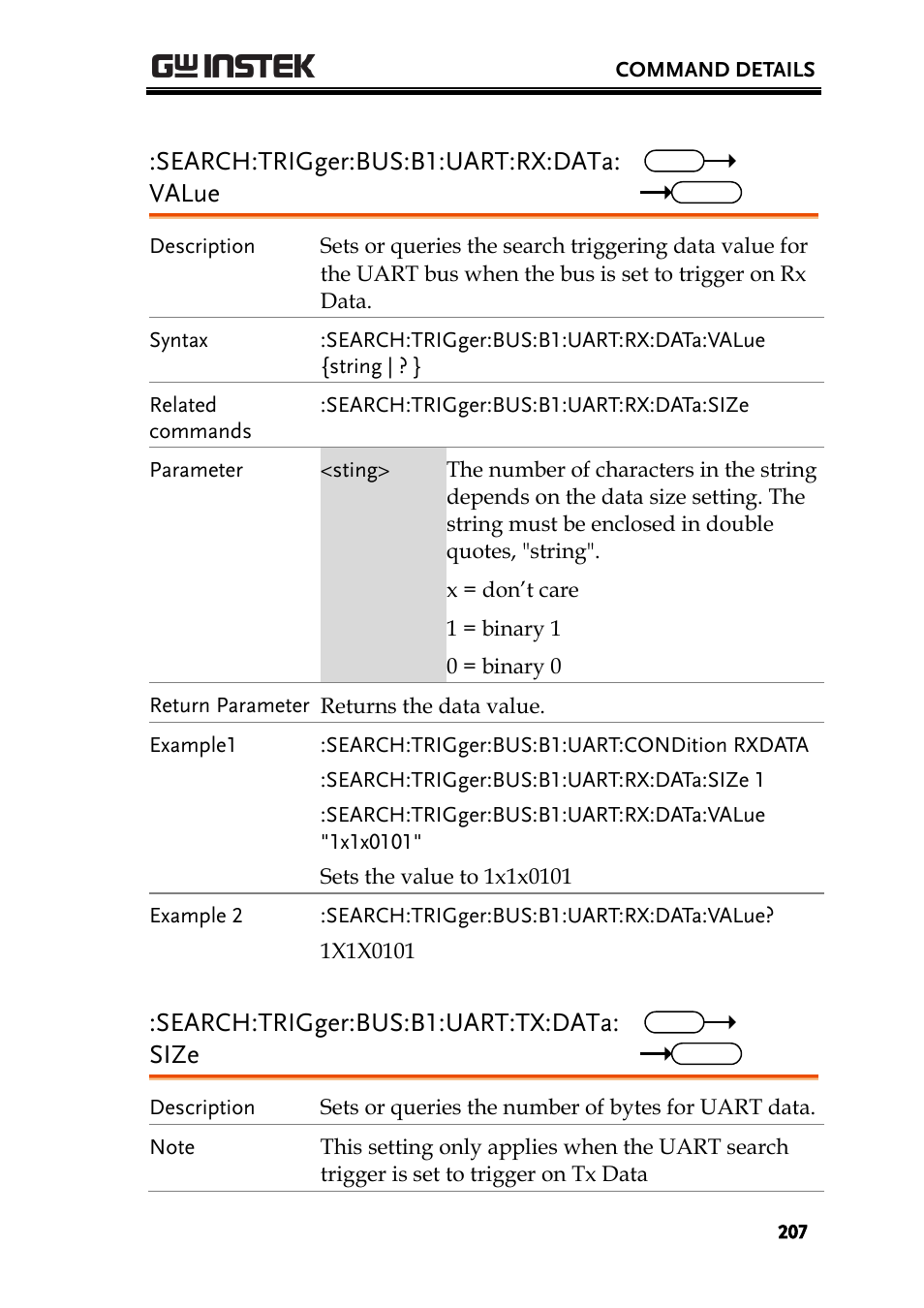 Search:trigger:bus:b1:uart:rx:data: value, Search:trigger:bus:b1:uart:tx:data: size | GW Instek GDS-2000A series Programming Manual User Manual | Page 207 / 272