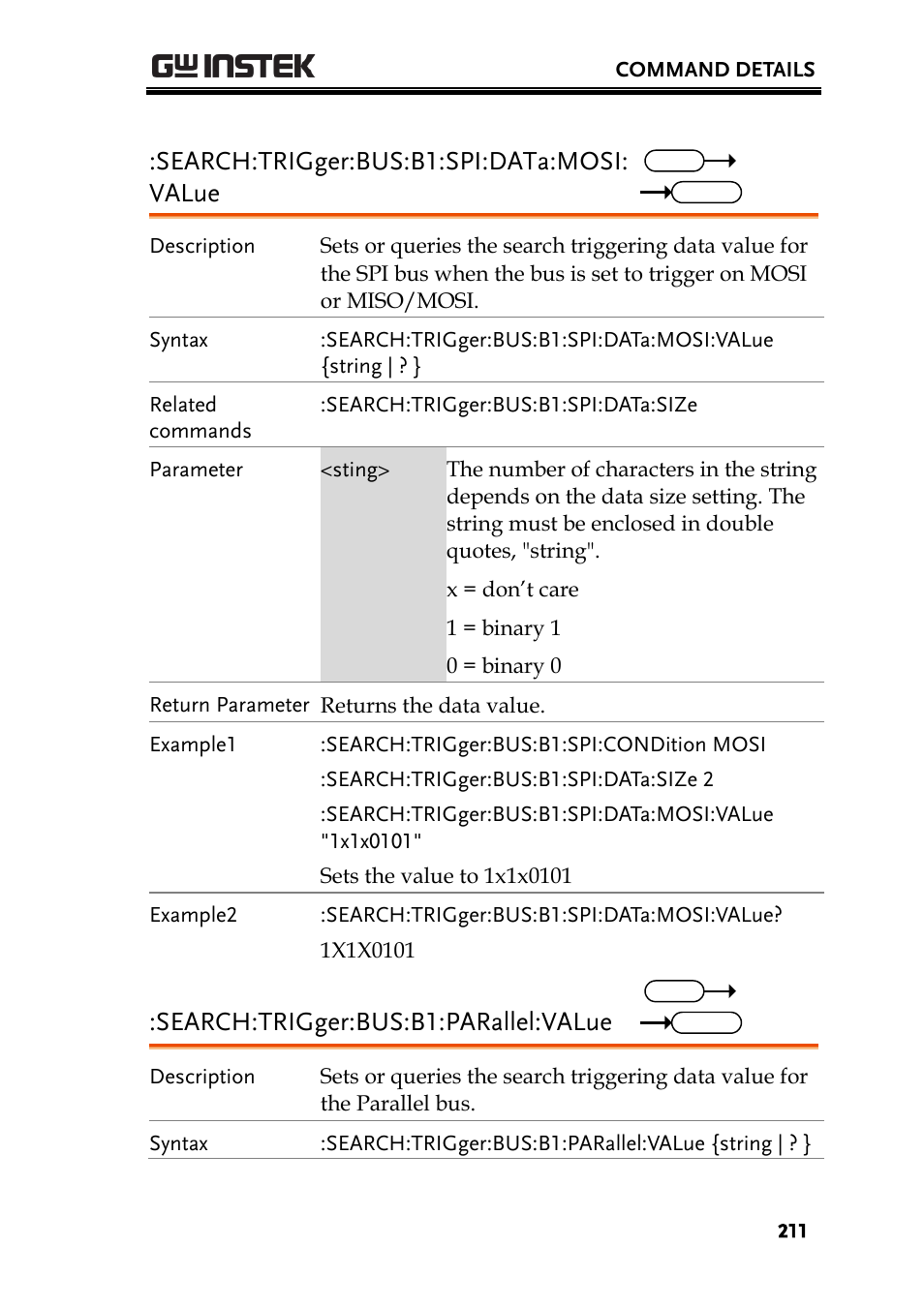 Search:trigger:bus:b1:spi:data:mosi: value, Search:trigger:bus:b1:parallel:value | GW Instek GDS-2000A series Programming Manual User Manual | Page 211 / 272