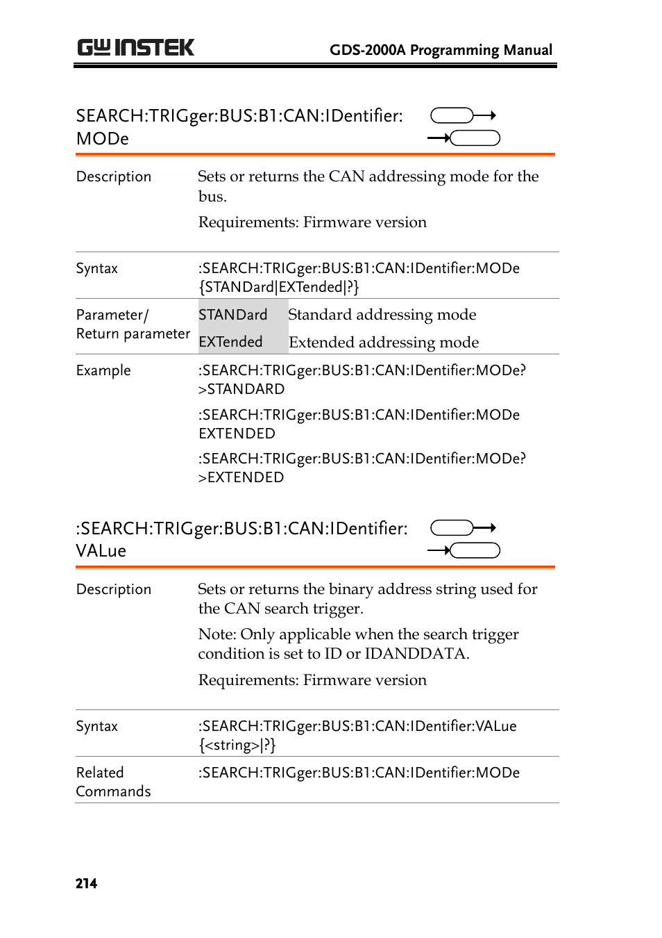 Search:trigger:bus:b1:can:identifier: mode, Search:trigger:bus:b1:can:identifier: value | GW Instek GDS-2000A series Programming Manual User Manual | Page 214 / 272