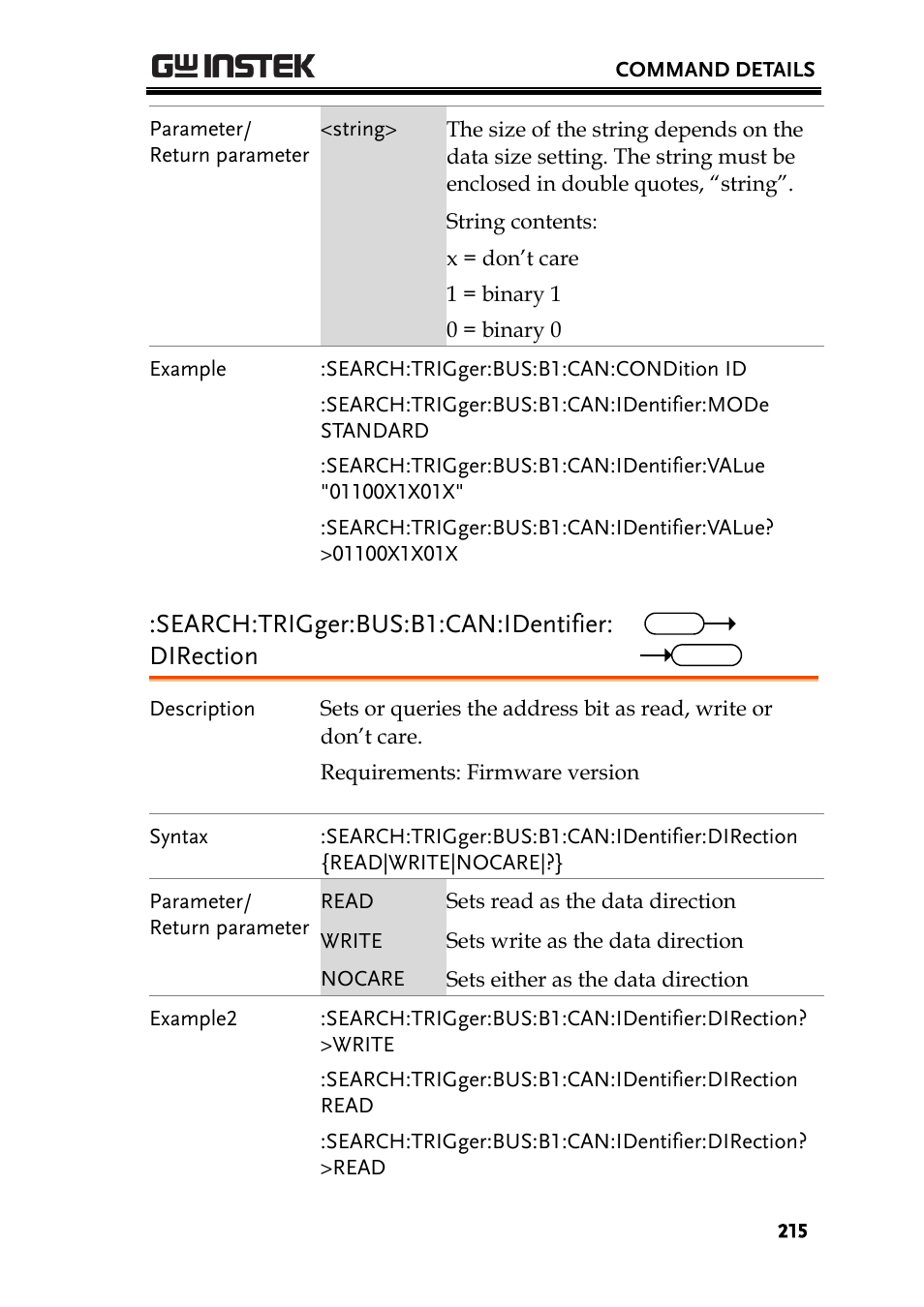 Search:trigger:bus:b1:can:identifier: direction | GW Instek GDS-2000A series Programming Manual User Manual | Page 215 / 272