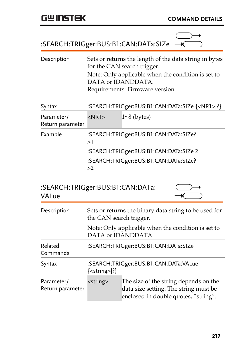 Search:trigger:bus:b1:can:data:size, Search:trigger:bus:b1:can:data: value | GW Instek GDS-2000A series Programming Manual User Manual | Page 217 / 272