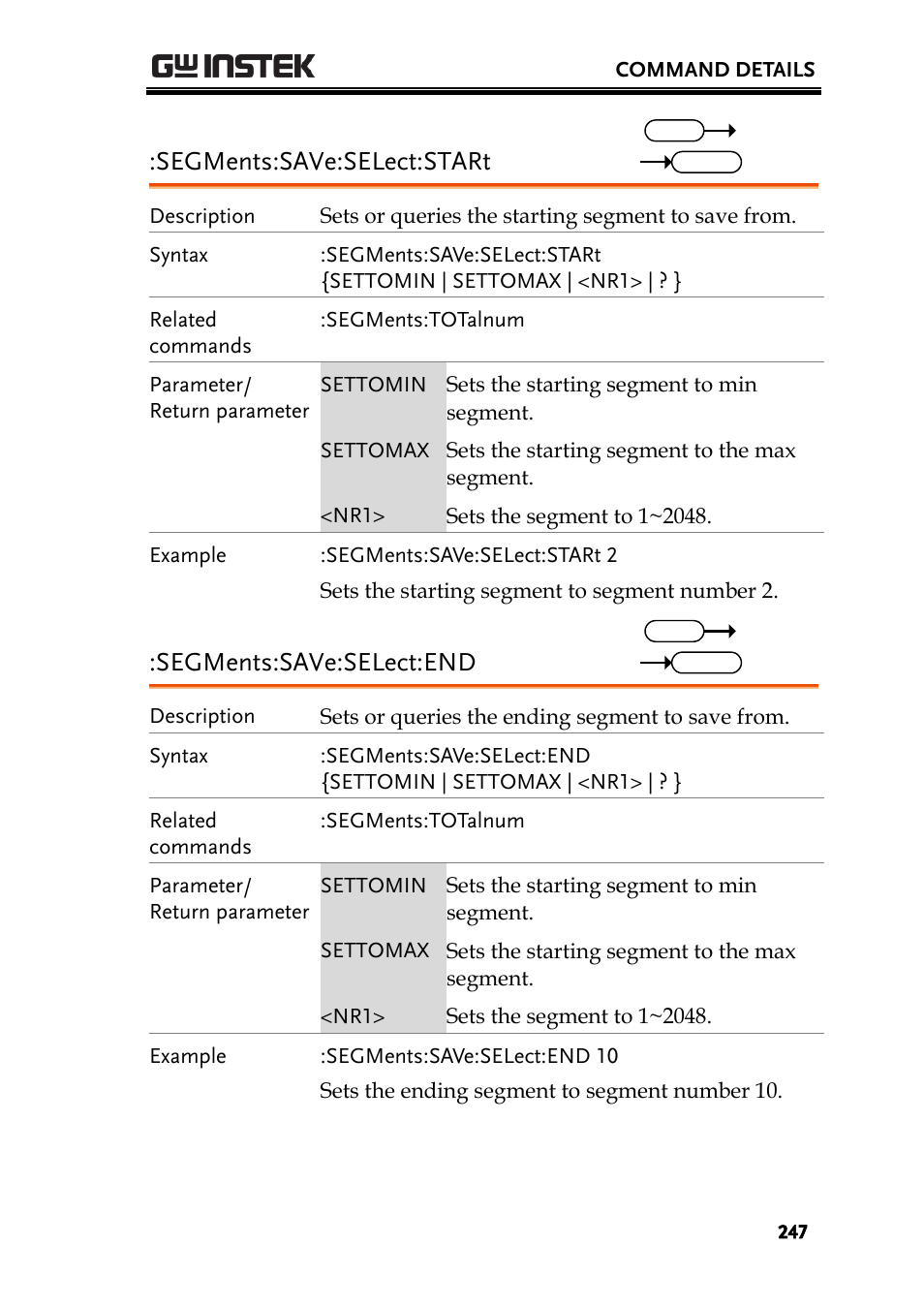 Segments:save:select:start, Segments:save:select:end | GW Instek GDS-2000A series Programming Manual User Manual | Page 247 / 272