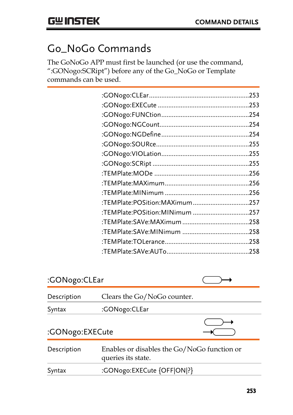Go_nogo commands, Gonogo:clear, Gonogo:execute | GW Instek GDS-2000A series Programming Manual User Manual | Page 253 / 272