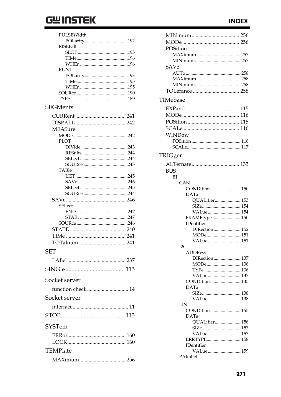 Index | GW Instek GDS-2000A series Programming Manual User Manual | Page 271 / 272