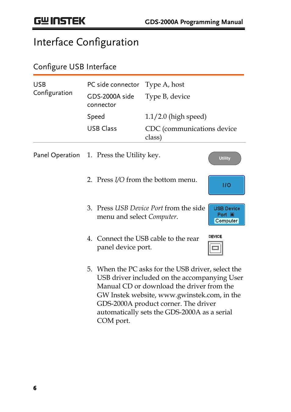 Configure usb interface, Interface configuration | GW Instek GDS-2000A series Programming Manual User Manual | Page 6 / 272