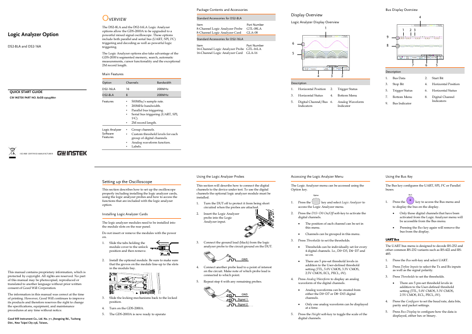 GW Instek GDS-2000A series Single sheet for LA Quick start guide User Manual | 2 pages
