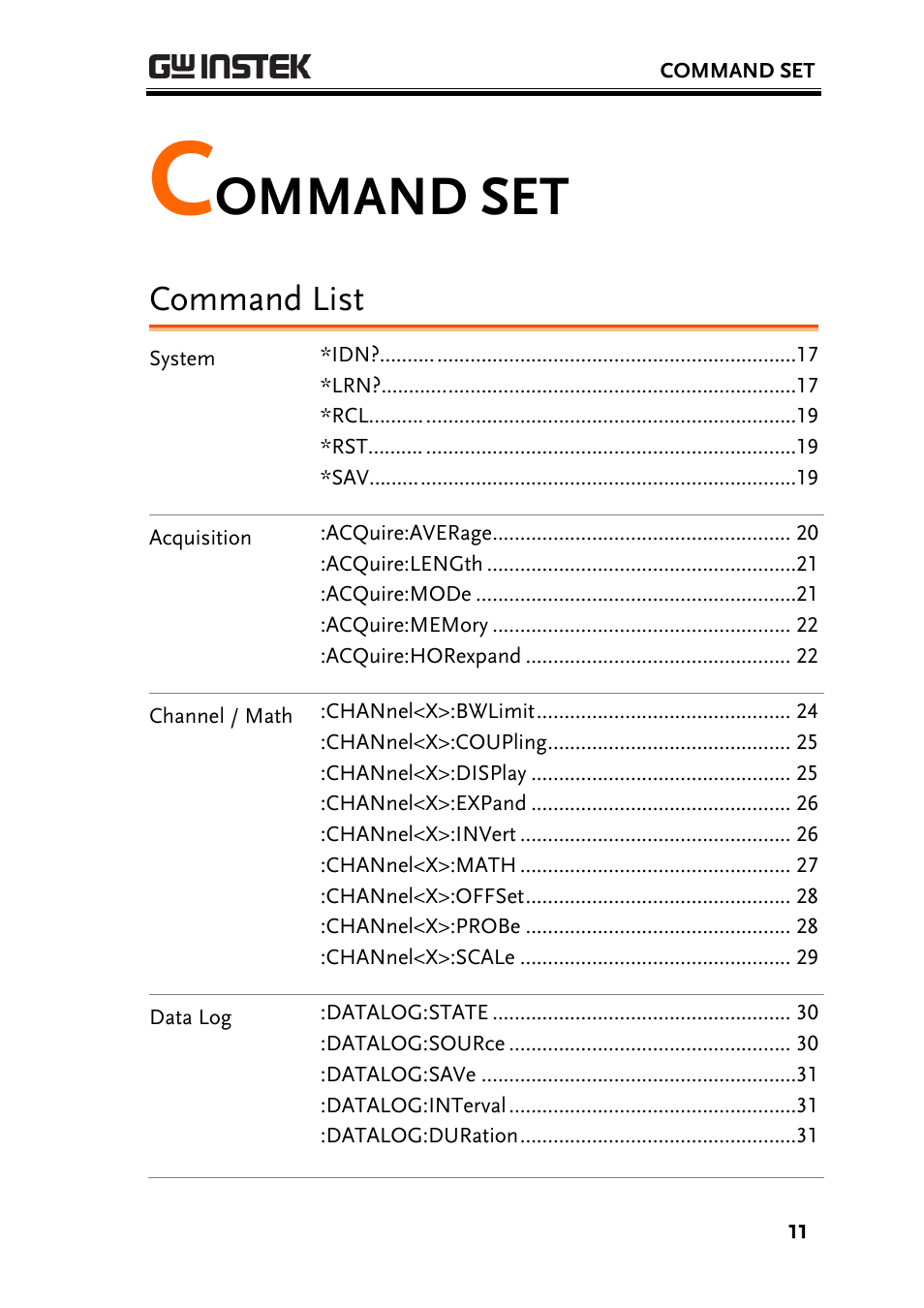 Command list, Ommand set | GW Instek GBS-1000 Series Programming Manual User Manual | Page 11 / 88