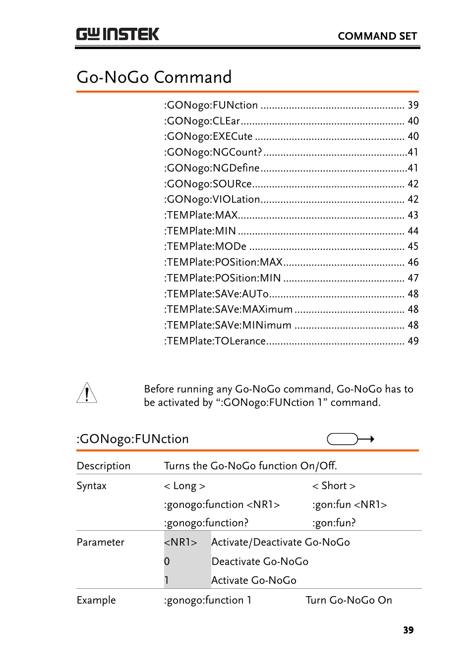 Go-nogo command, Gonogo:function | GW Instek GBS-1000 Series Programming Manual User Manual | Page 39 / 88