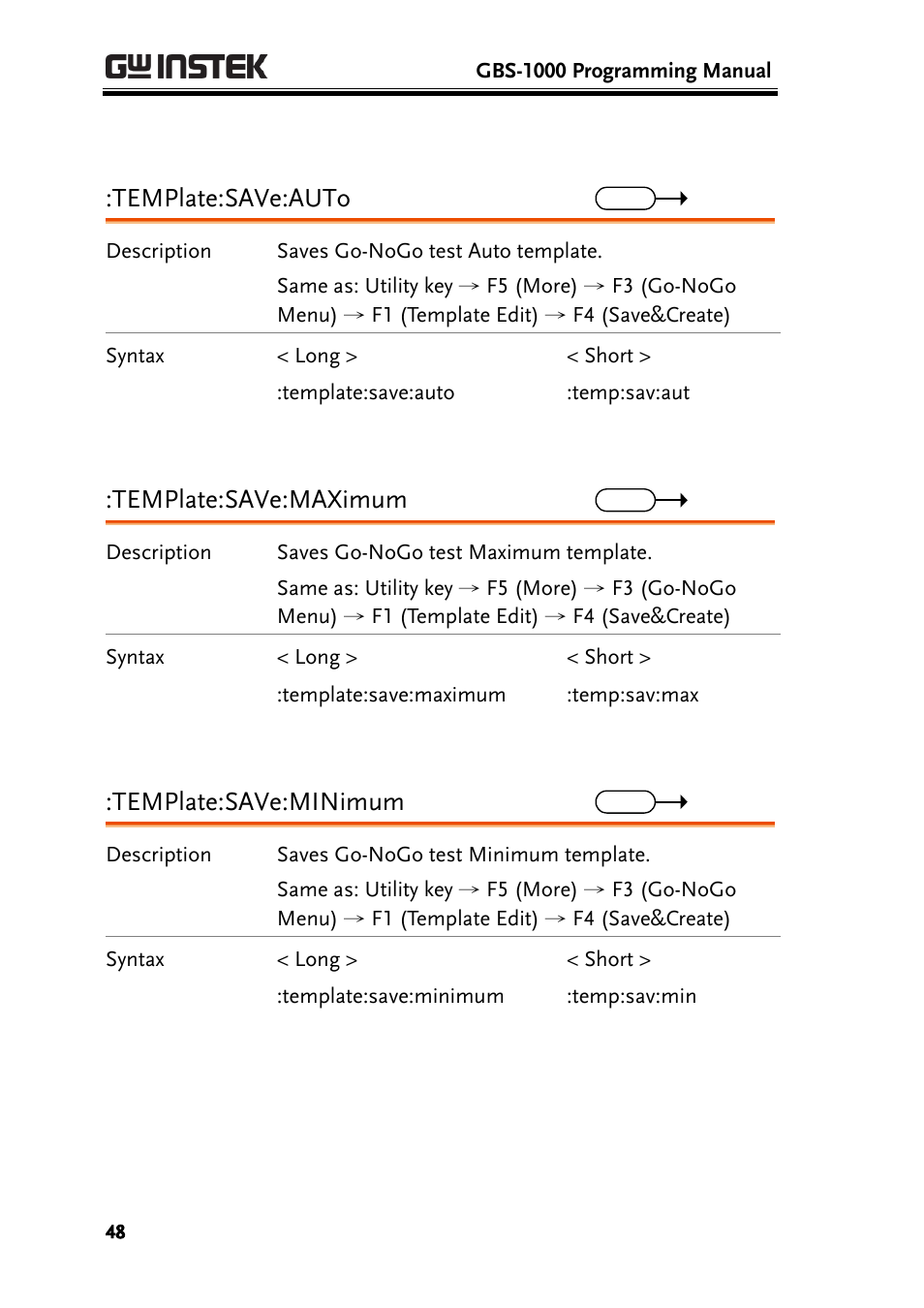 Template:save:auto, Template:save:maximum, Template:save:minimum | GW Instek GBS-1000 Series Programming Manual User Manual | Page 48 / 88