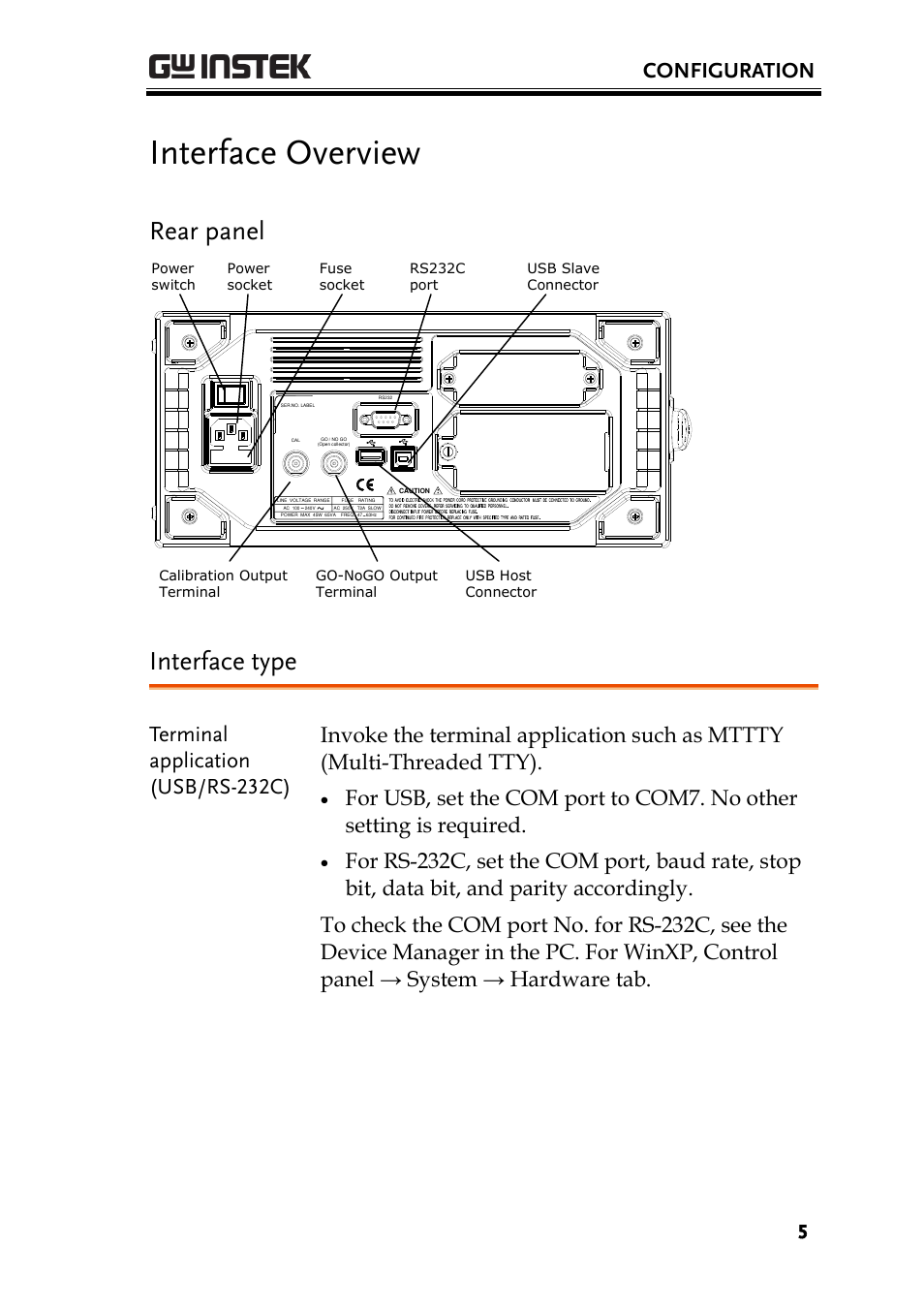 Interface overview, Rear panel, Interface type | Configuration | GW Instek GBS-1000 Series Programming Manual User Manual | Page 5 / 88