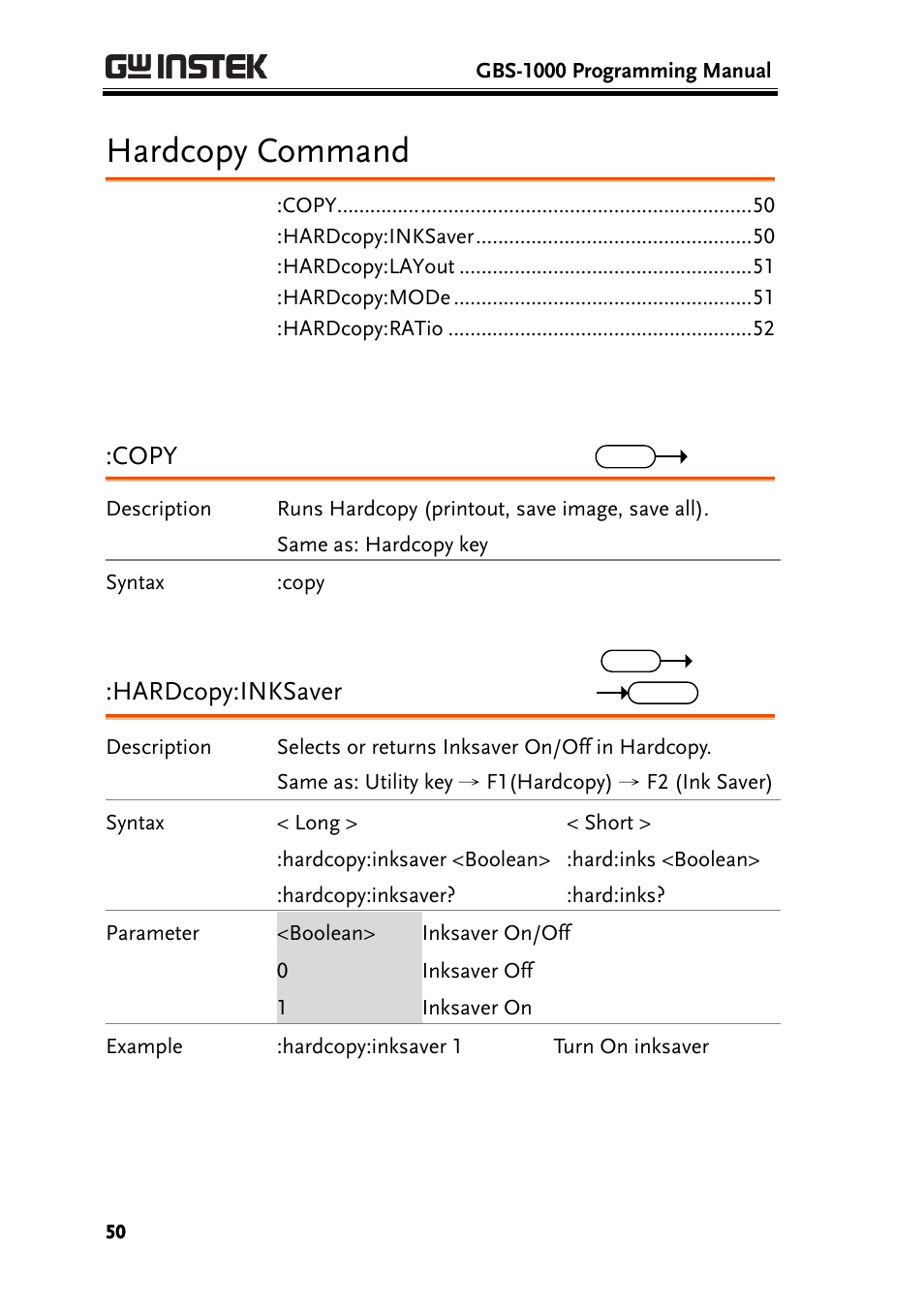 Hardcopy command, Copy, Hardcopy:inksaver | GW Instek GBS-1000 Series Programming Manual User Manual | Page 50 / 88