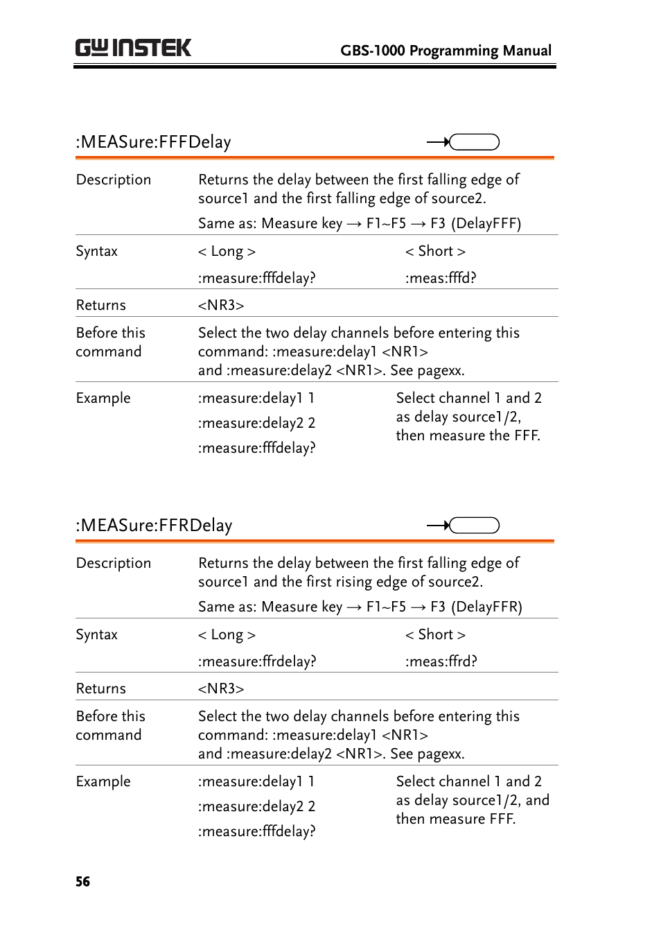 Measure:fffdelay, Measure:ffrdelay | GW Instek GBS-1000 Series Programming Manual User Manual | Page 56 / 88