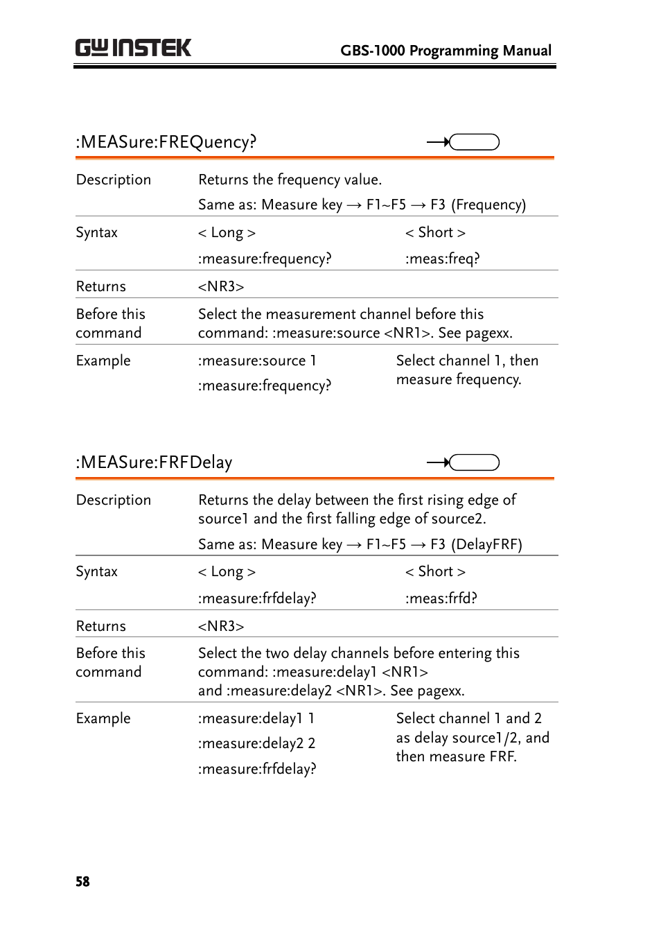 Measure:frequency, Measure:frfdelay | GW Instek GBS-1000 Series Programming Manual User Manual | Page 58 / 88