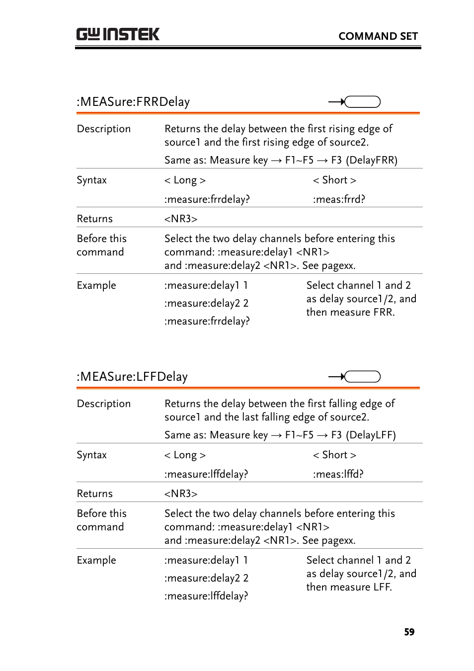 Measure:frrdelay, Measure:lffdelay | GW Instek GBS-1000 Series Programming Manual User Manual | Page 59 / 88