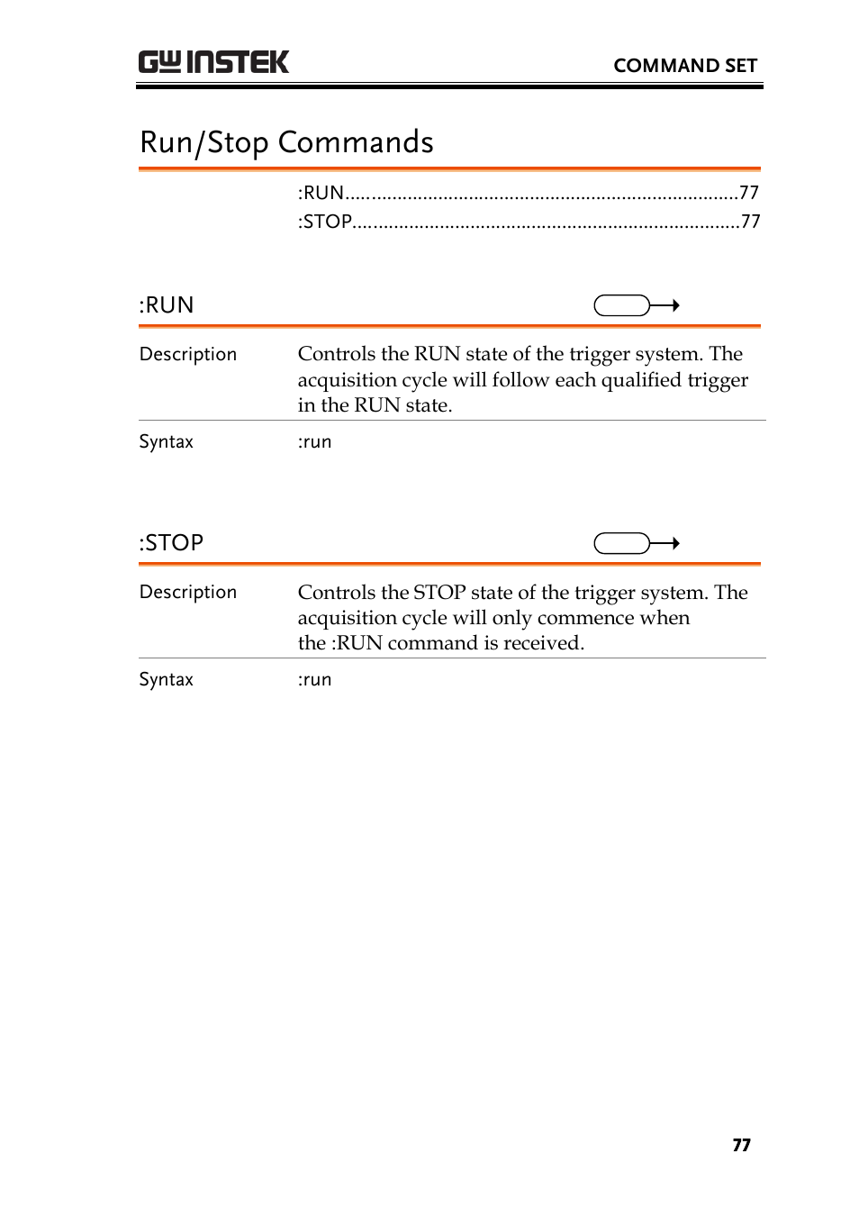 Run/stop commands, Stop | GW Instek GBS-1000 Series Programming Manual User Manual | Page 77 / 88