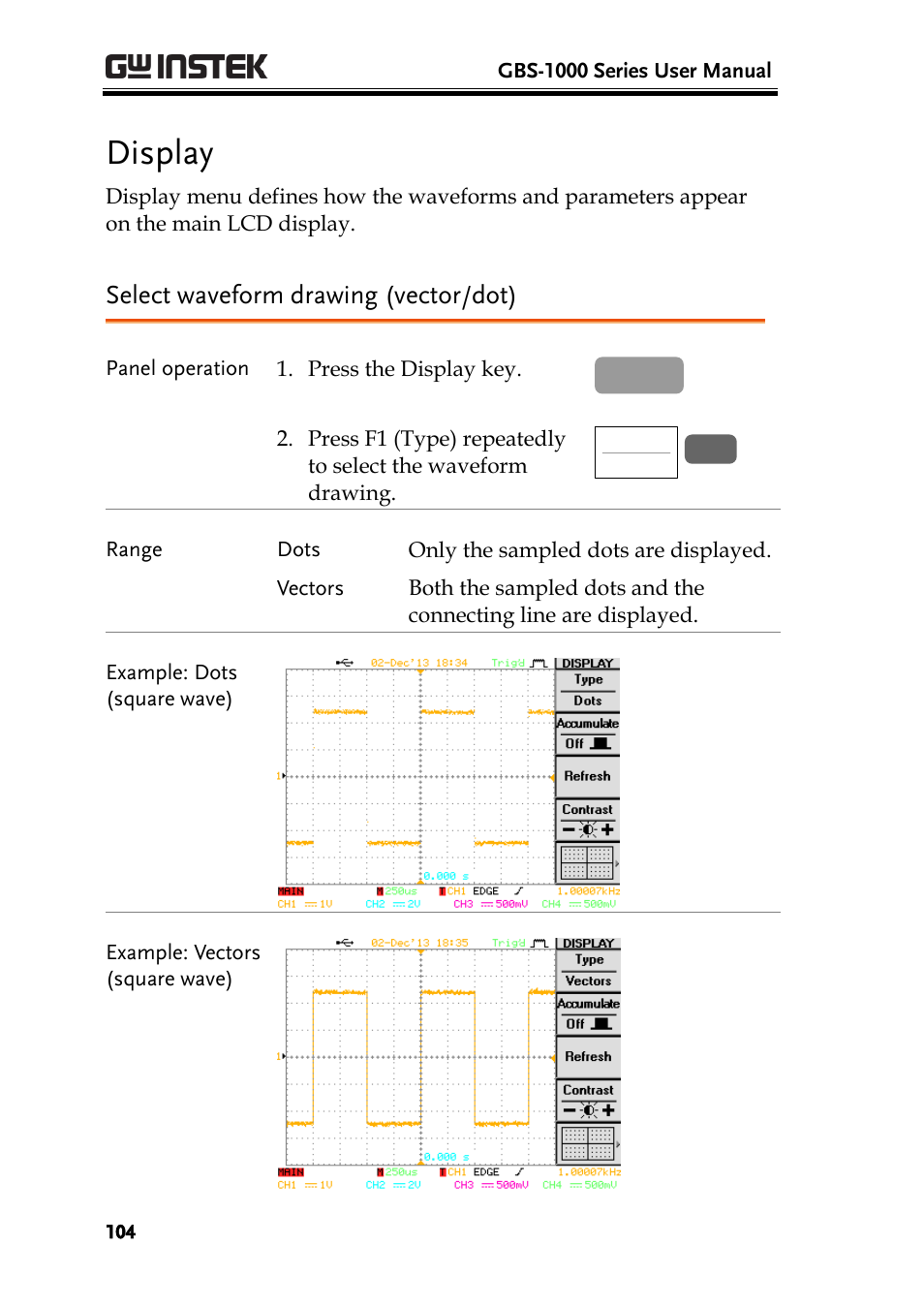 Display, Select waveform drawing (vector/dot), Ge104) | GW Instek GBS-1000 Series User Manual User Manual | Page 104 / 187