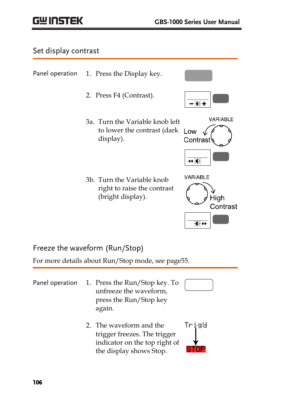 Set display contrast, Freeze the waveform (run/stop), 106 freeze the waveform | GW Instek GBS-1000 Series User Manual User Manual | Page 106 / 187