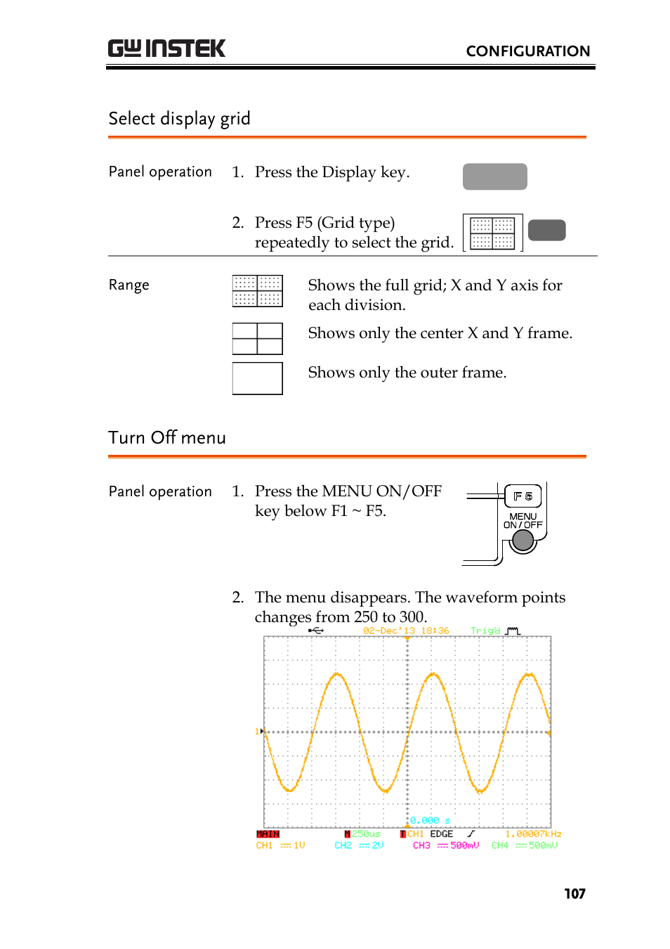 Select display grid, Turn off menu, Ge107) | 107 turn off menu | GW Instek GBS-1000 Series User Manual User Manual | Page 107 / 187