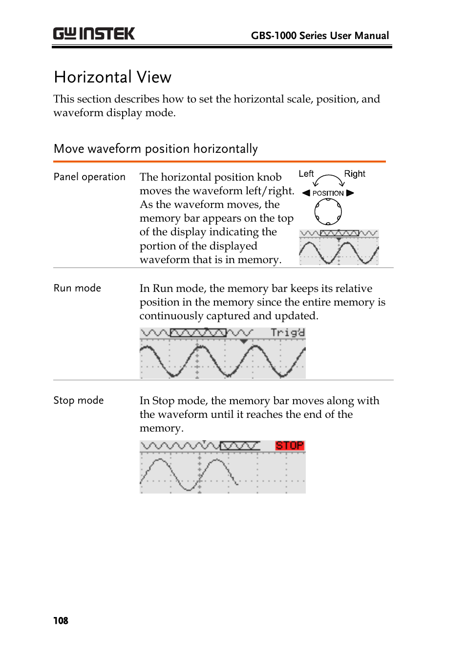 Horizontal view, Move waveform position horizontally, Ge108) | Select horizontal scaleselect waveform update | GW Instek GBS-1000 Series User Manual User Manual | Page 108 / 187