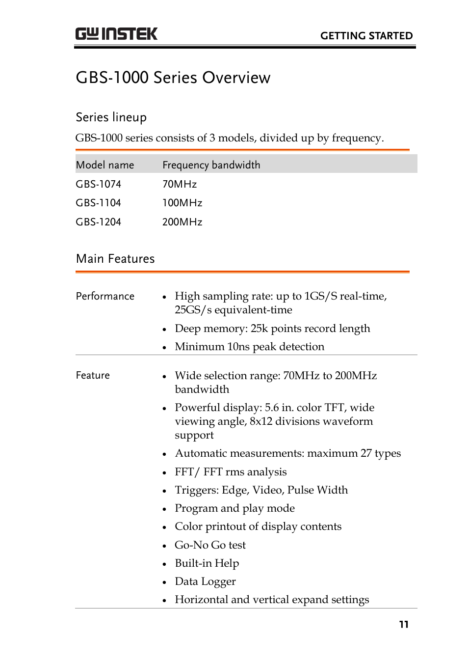 Gbs-1000 series overview, Series lineup, Main features | GW Instek GBS-1000 Series User Manual User Manual | Page 11 / 187